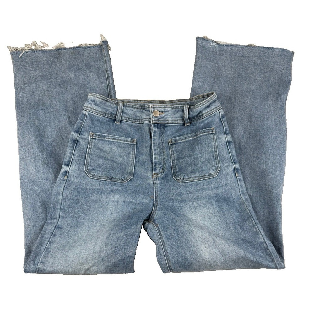 OAT New York Womens Jeans 6 28 High Rise Wide Leg Raw Hem Stretch Blue Denim